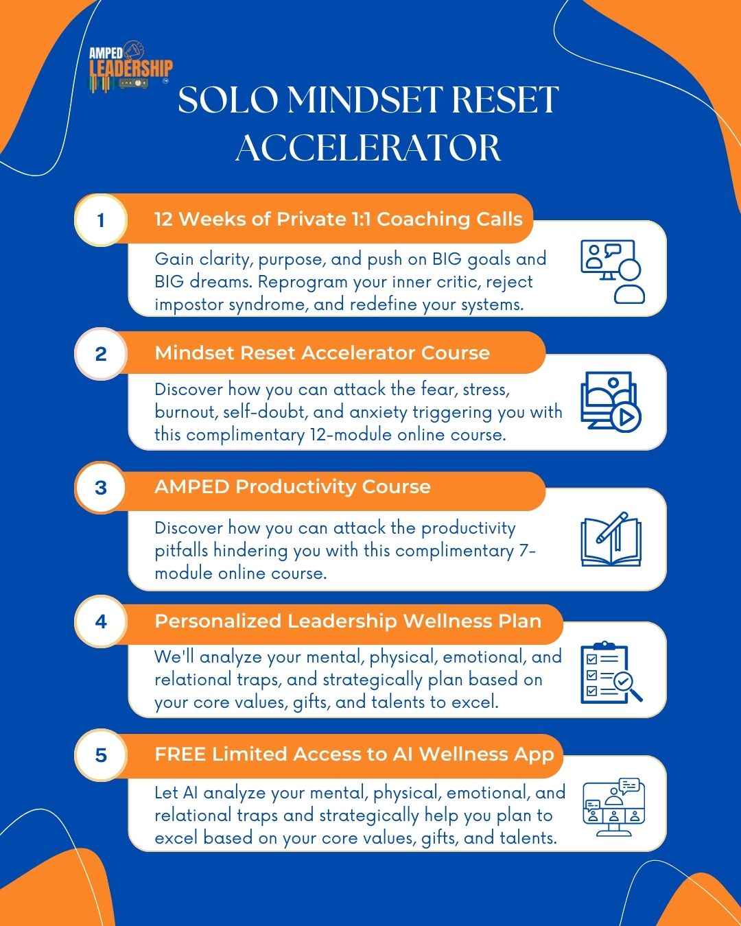 Infographic outlining benefits of AMPED Leadership's individual coaching program.