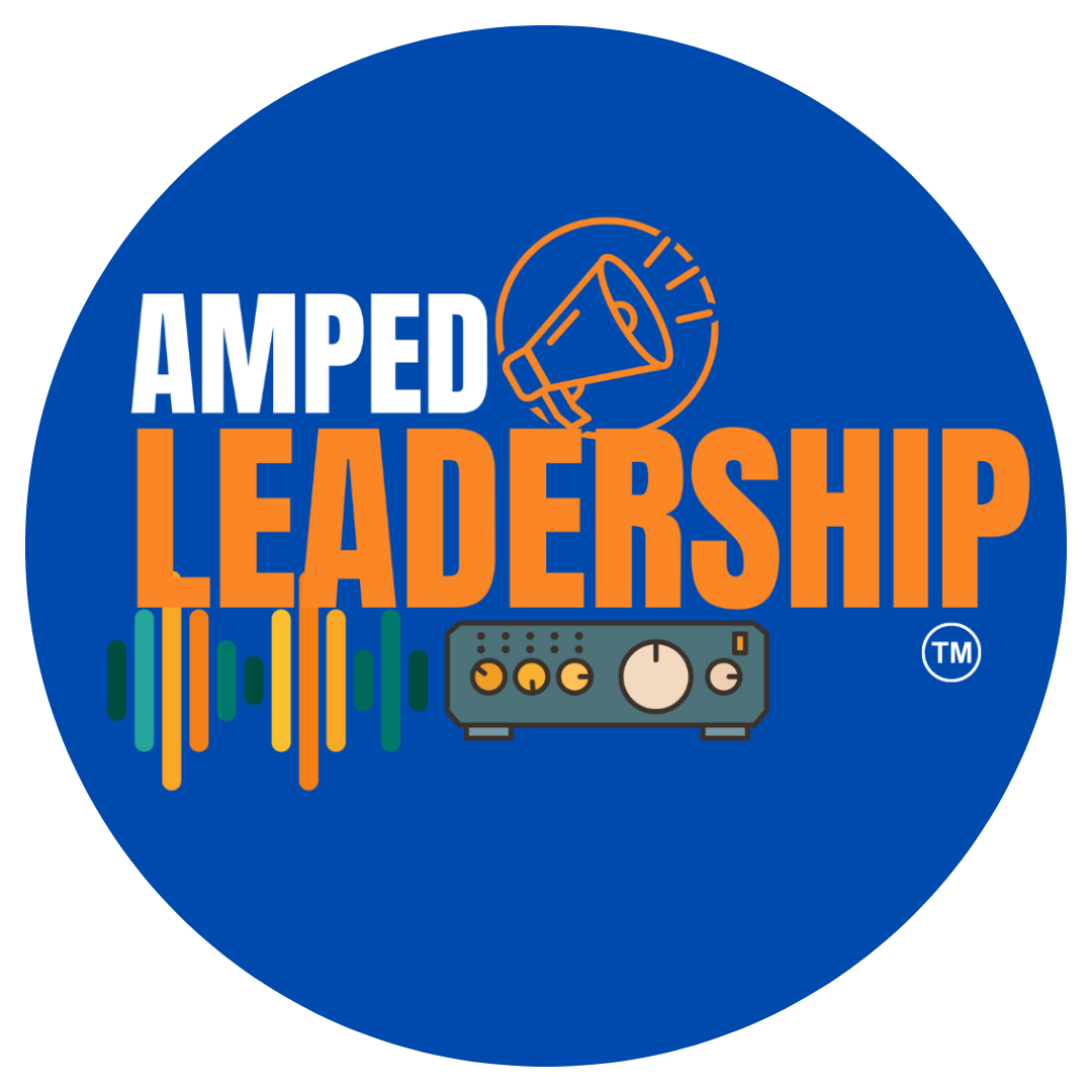 AMPED Leadership logo with megaphone on top right and soundwaves and amplifier at bottom.