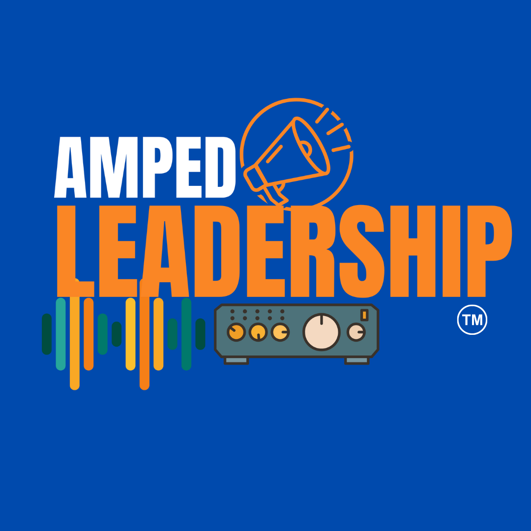 AMPED Leadership logo with megaphone on top right and amplifier on bottom right with soundwaves on bottom left.